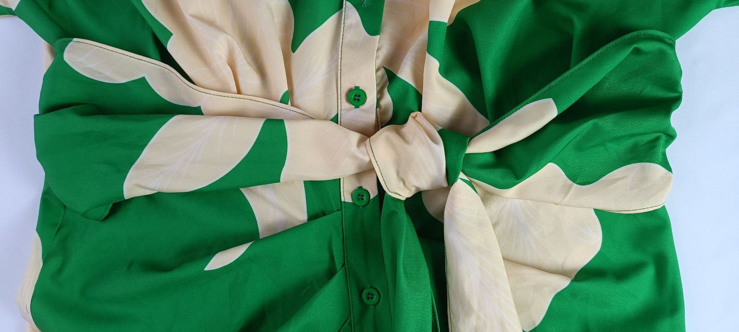 Robe Longue Élegante Imprimée à Taille Haute – Manches Courtes